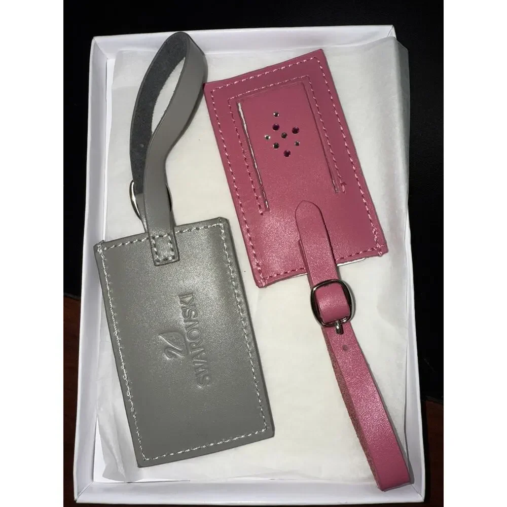 SWAROVSKI Leather Luggage Tags Set of 2 (Gray & Pink) with Box